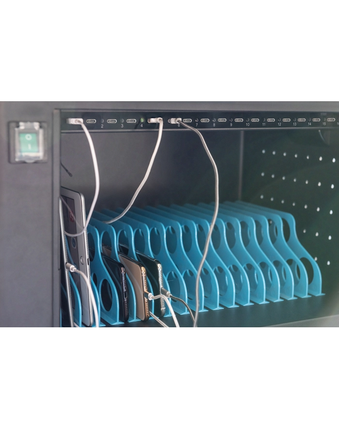 DIGITUS Charging trolley 14inch USB-C electronic PIN lock 16 charge bases fan 384 x 550 x 375mm główny