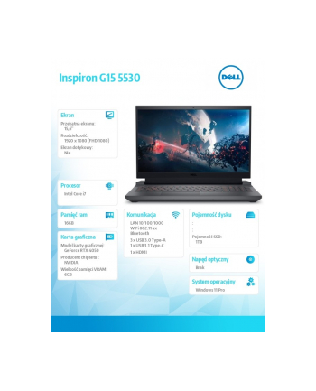 dell Notebook Inspiron G15 5530 Win11Pro Core i7-13650HX/16GB/1TB SSD/15.6 FHD 165Hz/GeForce RTX 4050/Cam ' Mic/WLAN + BT/Backlit Kb/6 Cell/3Y Basic Onsite