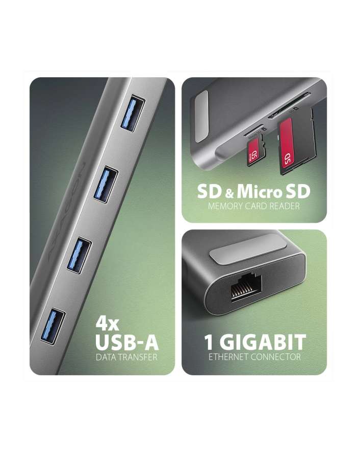 no name Koncentrator wieloportowy AXAGON HMC-10HLS, 4x USB-A i 2x USB-C, HDMI 4K/60Hz, RJ-45, SD/microSD, PD 100W główny