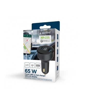 GEMBIRD Szybka ładowarka samochodowa 2x USB Type-C PD LCD 65 W czarna