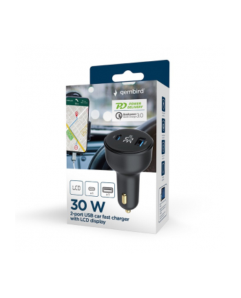 GEMBIRD Szybka ładowarka samochodowa 2x USB Type-C PD LCD 30 W czarna