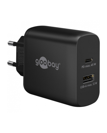 goobay USB-C PD dual fast charger 45 watts (Kolor: CZARNY, 1x USB-A, 1x USB-C PD, GaN technology)
