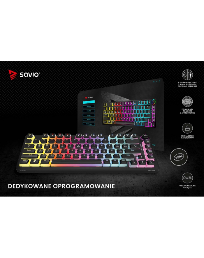 savio Klawiatura mechaniczna bezprzewodowa PHENIX, Gateron Red Pro, Pudding główny