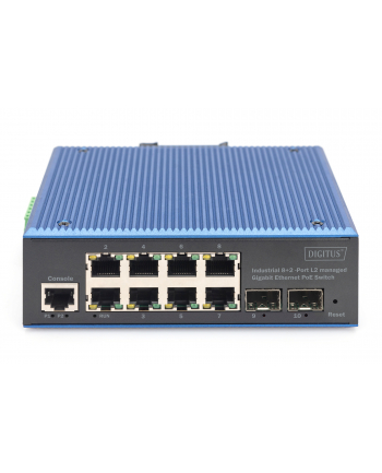 DIGITUS Przemysłowy przełącznik Gigabit Ethernet PoE, 8+2 porty, zarządzalny na warstwie łącza danych (L2) DN-651157