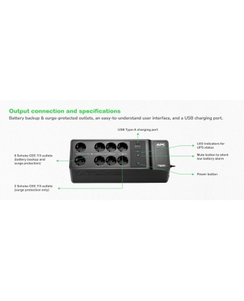 APC Back-UPS 500VA 8 schuko outlets 230V 1 USB charging port nr 1