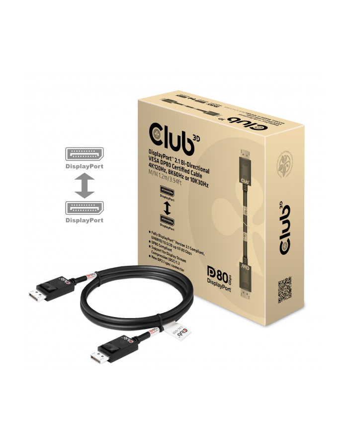 Club 3D Club3D Kabel DisplayPort 2.1 na DisplayPort 2.1 4K120Hz/8K60Hz HDR (M/M), 1.2m, černá główny