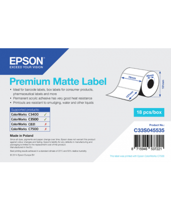 epson Premium Matte Label - Die-cut Roll: 76mm x 127mm, 265 labels