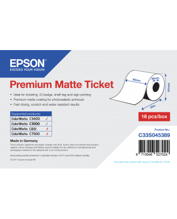 epson Premium Matte Ticket - Roll: 80mm x 50m