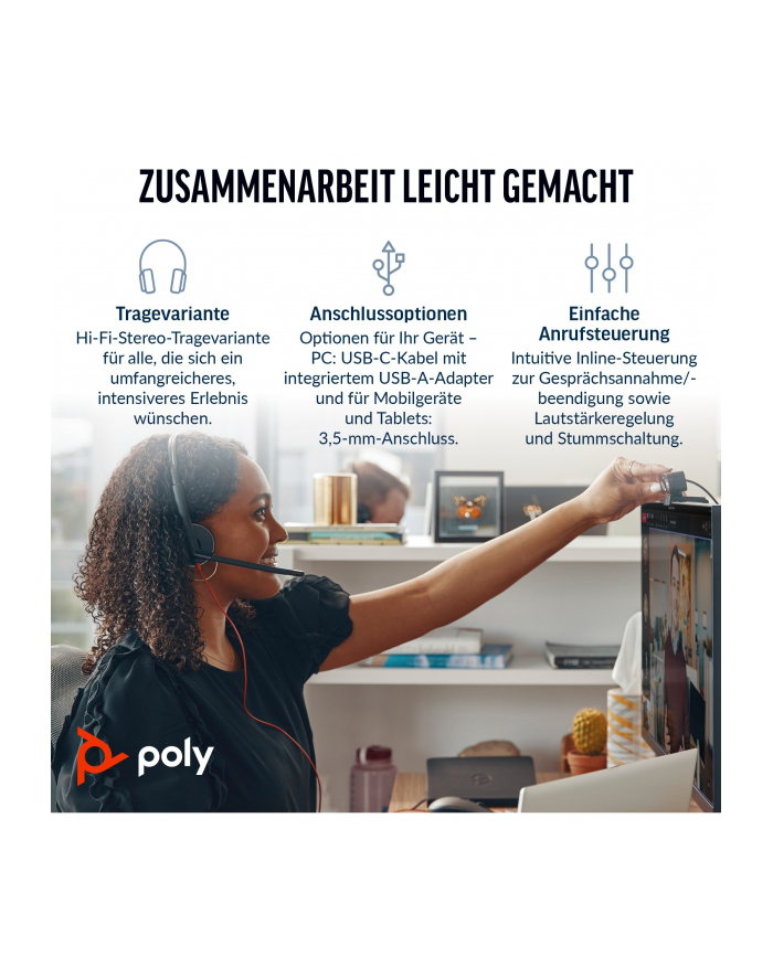 hp inc. Poly Blackwire 3225 Stereo USB-C Headset +3.5mm Plug +USB-C/A Adapter główny