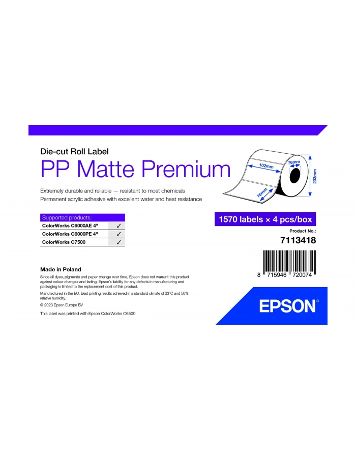 epson PP MATTE LABEL PREM DIE-CUT/ROLL 102X76MM 1570 LABELS główny