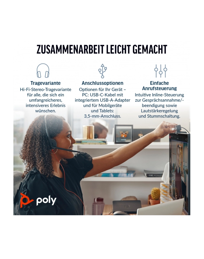 hp inc. Poly Blackwire 3225 Stereo USB-C Headset +3.5mm Plug +USB-C/A Adapter główny