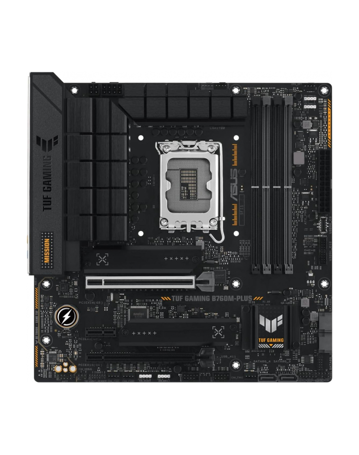 no name Asus TUF GAMING B760M-PLUS Processor family Intel Processor socket  LGA1700 DDR5 DIMM Memory slots 4 Supported hard disk drive interfaces SATA, M2 Number of SATA connectors 4 Chipset  Intel B760  mATX główny