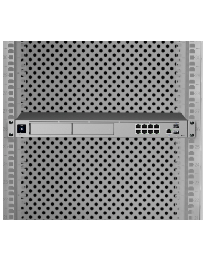 Ubiquiti rack-mount Cloud Gateway with 10 Gbps performance, multi-WAN load balancing, and two NVR drive bays designed for large-scale, multi-application UniFi sites główny