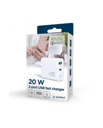 gembird Ładowarka USB-A USB-C LED 20W PD QC3.0 biała nr 1