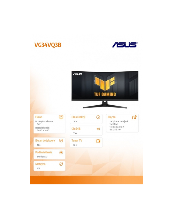 asus Monitor 34 cale VG34VQ3B WQHD 180Hz DP HDMI TUF 1500R główny