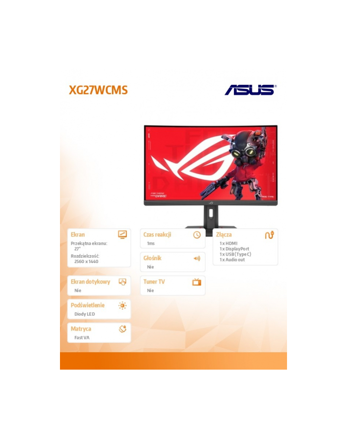 asus Monitor 27 cali XG27WCMS ROG FHD 280Hz HDMI główny