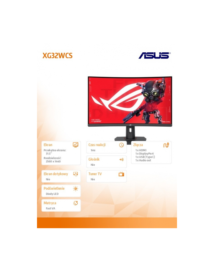 asus Monitor 32 cale XG32WCS ROG S 180Hz DP HDMI USB-C główny