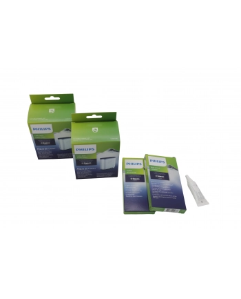 Zestaw akcesoriów do czyszczenia ekspresów Philips CA6707/10 (2 wkłady filtra AquaClean, 6 saszetek ze środkiem do czyszczenia obiegu mleka, 6 tabletek do usuwania oleju kawowego, Smar) nr 1