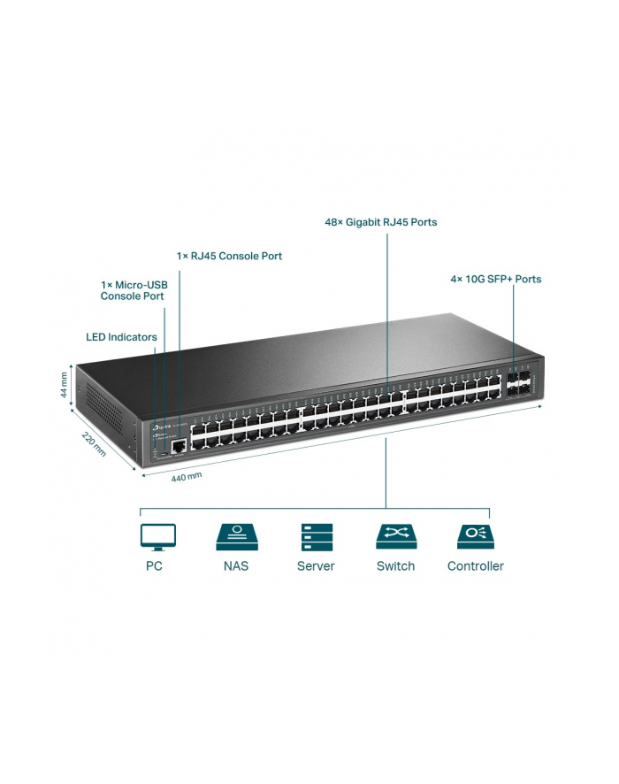 tp-link Przełącznik zarządzalny L2+ JetStream, 48 portów gigabitowych, 4 sloty SFP+ 10GE SG3452X główny