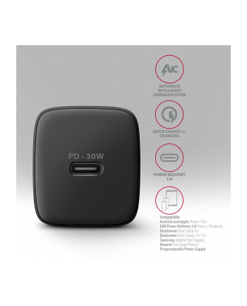 axagon ACU-PD30 Ładowarka sieciowa PD 30W, 1x port USB-C, PD3.0/QC3.0/AFC/FCP/Apple Czarna