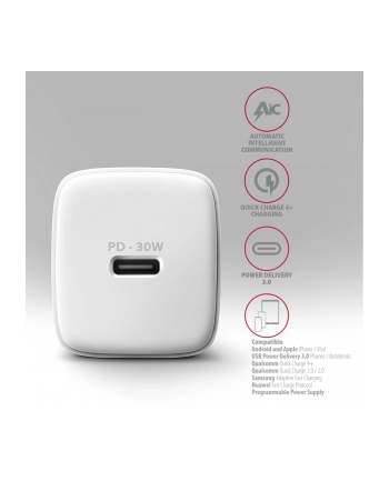 axagon ACU-PD30W Ładowarka sieciowa PD 30W, 1x port USB-C, PD3.0/QC3.0/AFC/FCP/Apple Biała nr 2