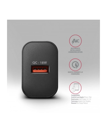 axagon ACU-QC18 Ładowarka sieciowa QC 18W, 1x port USB-A, QC3.0/AFC/FCP/SMART Czarna nr 1