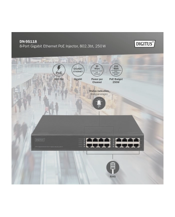 DIGITUS Gigabit Ethernet PoE+ Injector Hub 802.3bt 8- Port Power PoE Power Budget 250W nr 2