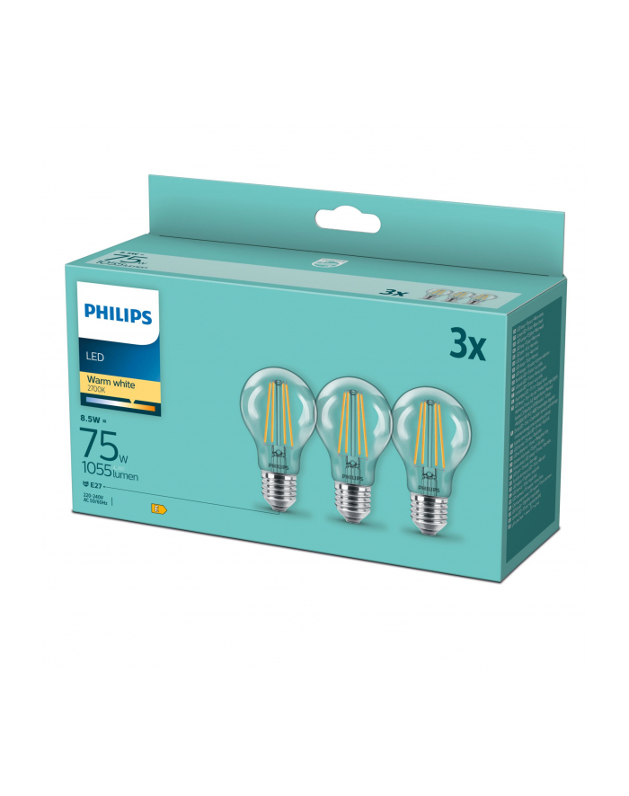 Philips LED Lamp E27 3-Pack 75W 2700K Filament główny