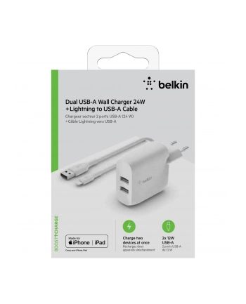 Belkin Dual USB-A ladowarka, 24W z kablem Lightning 1m, bialy nr 2