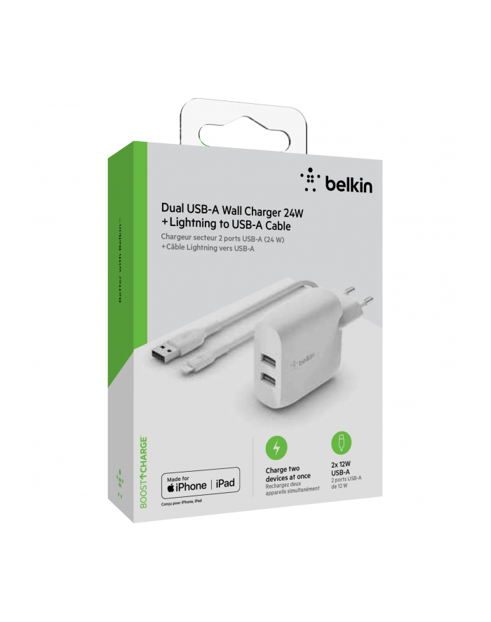 Belkin Dual USB-A ladowarka, 24W z kablem Lightning 1m, bialy główny