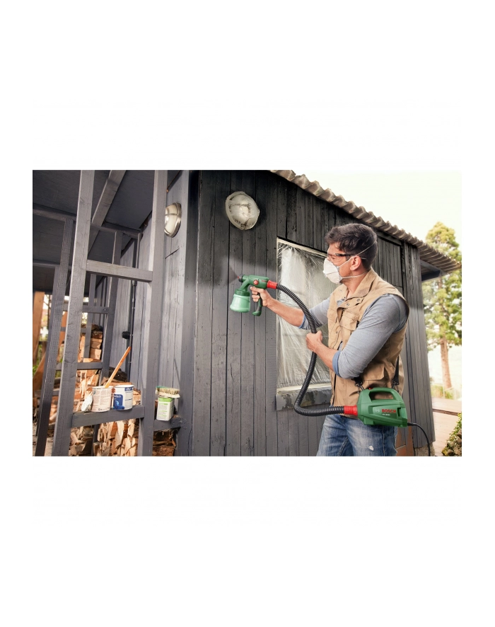 Bosch PFS 2000 Przeznaczenie: drewno i ściany | Moc [W]: 440 | Pojemność [ml]: 800 | Wyposażenie: dysza do lakierów i lazur, farb ściernych, szczotka główny