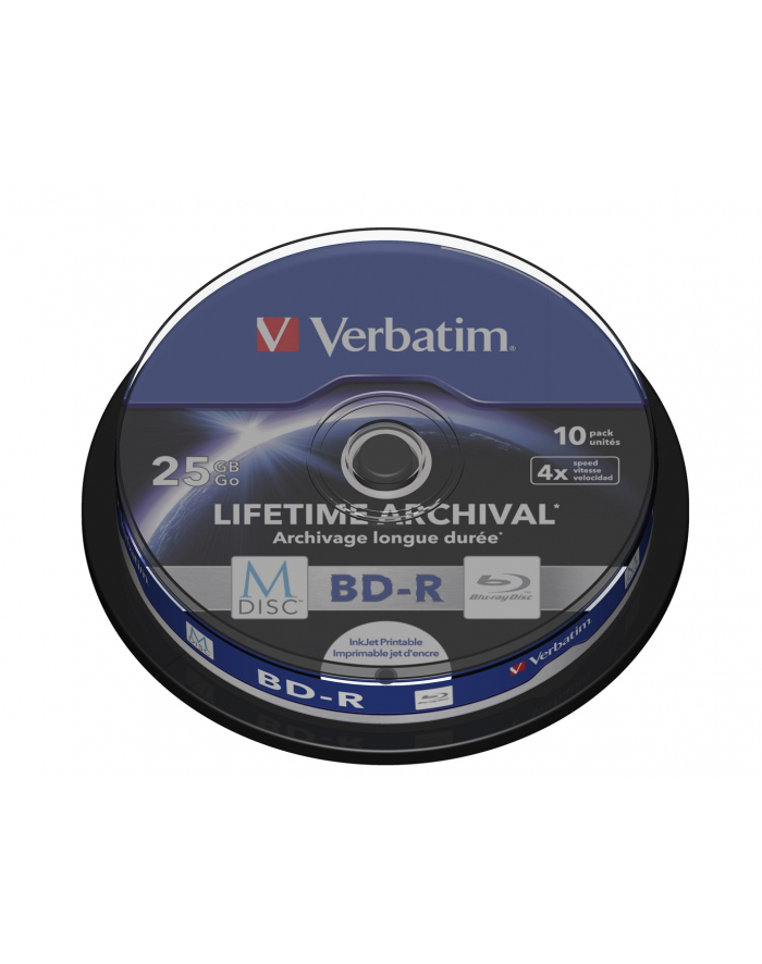 BD-R Verbatim M-DISC Print c.10 szt BD-R, 25GB, 4x, technologia M-DISC, opakowanie cake 10szt główny