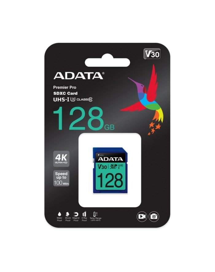 ADATA Premier Pro SDXC 128GB 100R/80W UHS-I U3 Class 10 A2 V30S SDXC | 128GB | UHS-I | U3 | Class 10 | V30 | A2 | Odczyt do 100 MB/s | Zapis do 80 MB/s główny