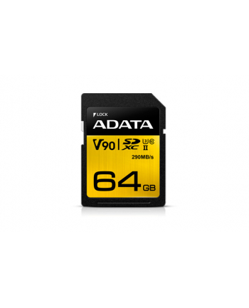 ADATA Premier One SDXC 64GB 290R/260W UHS-II U3 Class 10 SDXC | 64GB | UHS-II | U3 | Class 10 | V90 | Odczyt do 290 MB/s | Zapis do 260 MB/s