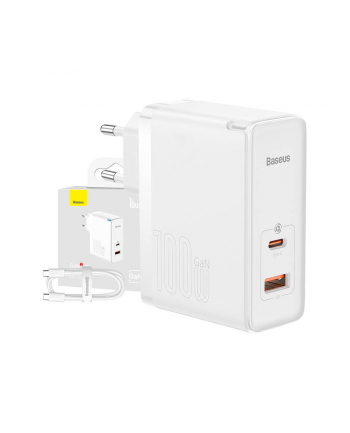 Baseus GaN5 Pro, USB-C + USB, 100W + kabel (biała) ładowarka sieciowa