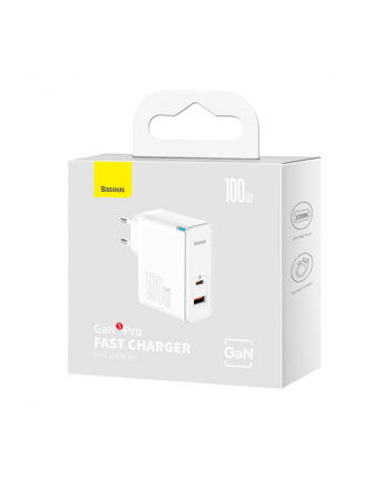 Baseus GaN5 Pro, USB-C + USB, 100W + kabel (biała) ładowarka sieciowa