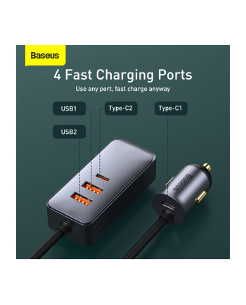 Baseus Share Together z przedłużaczem, 2x USB, 2x USB-C, 120W (szara) ładowarka samochodowa nr 2