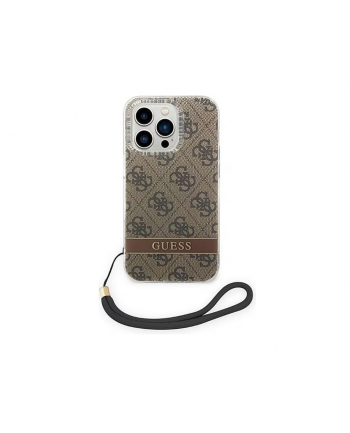 Guess 4G Print Cord etui ze smyczką do iPhone 14 Pro brązowy nr 1