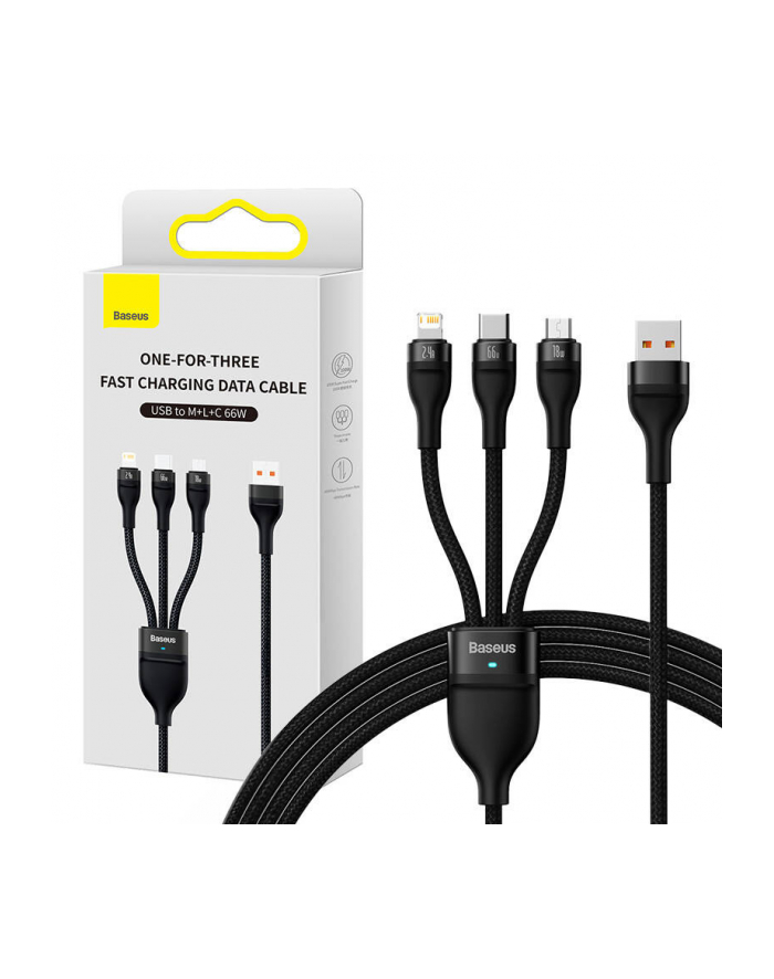 Baseus 3w1 Flash II, USB-C + micro USB + Lightning, 66W, 1.2m (czarny) główny