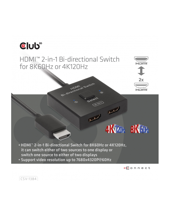 CSV-1384 Dwukierunkowy przełącznik HDMI 8K 60Hz lub 4K 120Hz 2-w-1 główny