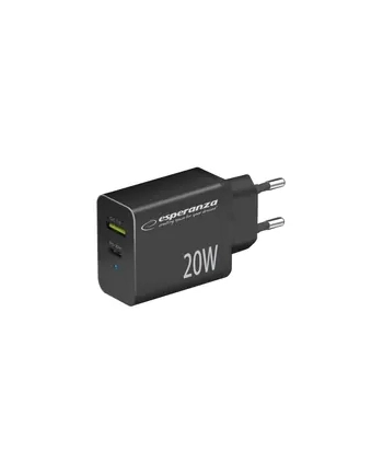 ESPERANZA ŁADOWARKA SIECIOWA 20W USB-C PD 20W / USB-A QC 30 18W CZARNA EZC105K