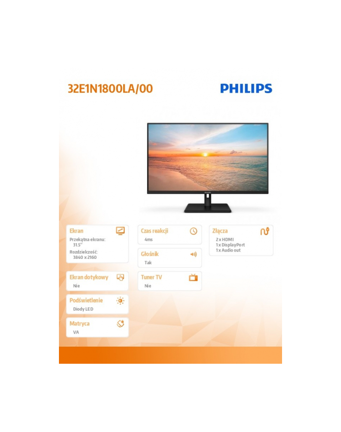 philips Monitor 32E1N1800LA VA 31.5 cala 4K HDMIx2 DP Głośniki główny