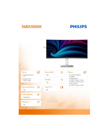 philips Monitor 34B2U5600C 34 cale Curved VA HDMIx2 DP HAS USB-C Głośniki