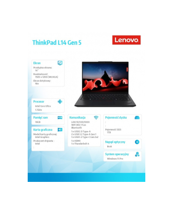 lenovo Notebook ThinkPad L14 G5 21L10031PB W11Pro Ultra 7 155U/16GB/1TB/INT/14.0 FHD/Black/3YRS OS + 1YR Premier Support + CO2 Offset