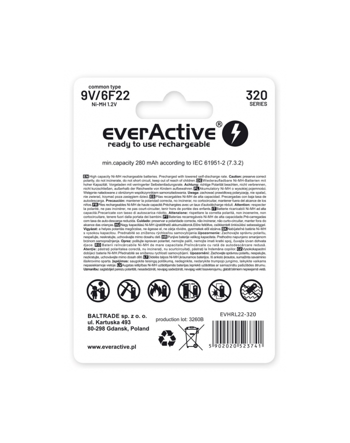 Akumulatorek 6F22 Ni-MH everActive 9V 320mAh Professional Line (1 szt) główny