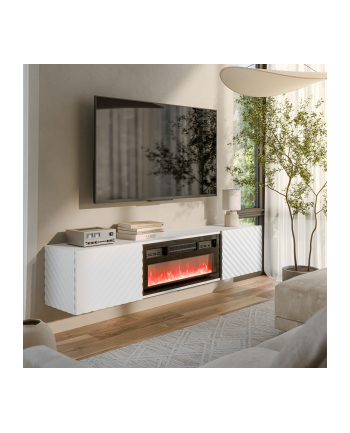 cama meble Szafka RTV LARA 183x35x37 biały mat + czarny kominek