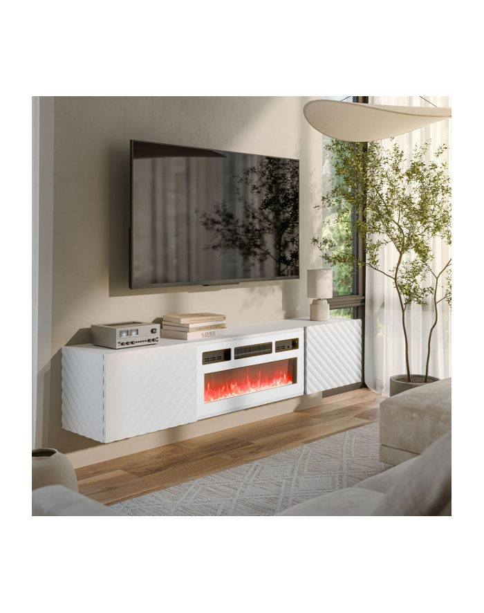 cama meble Szafka RTV LARA 183x35x37 biały mat + biały kominek główny