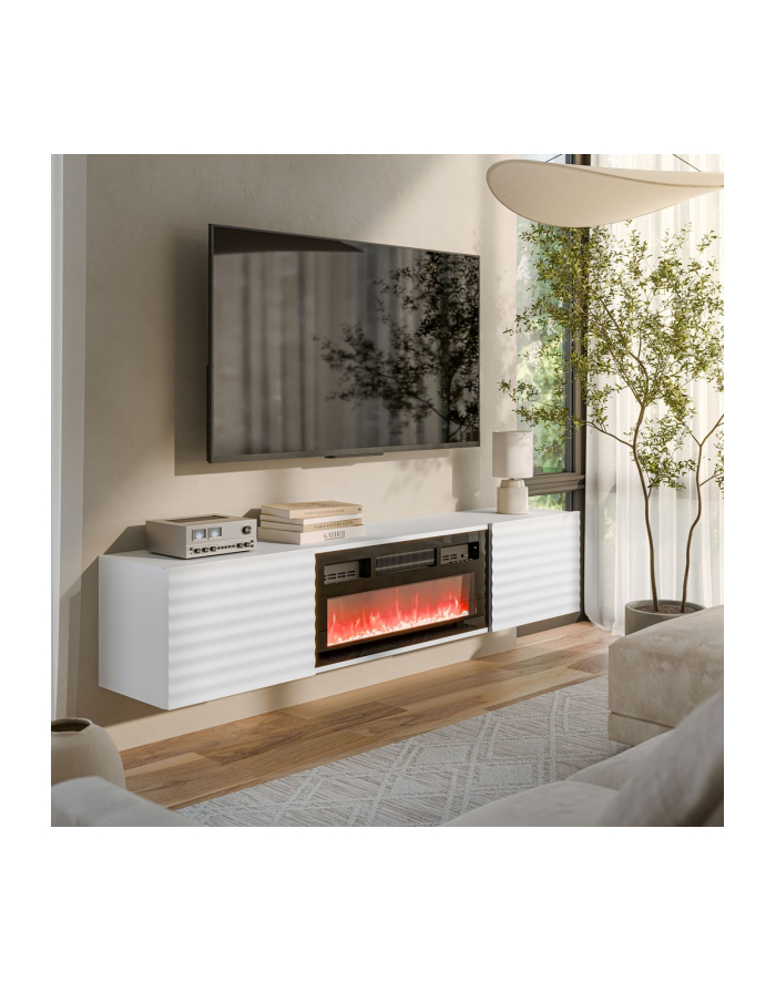 cama meble Szafka RTV TULA 183x35x37 biały mat + czarny kominek główny