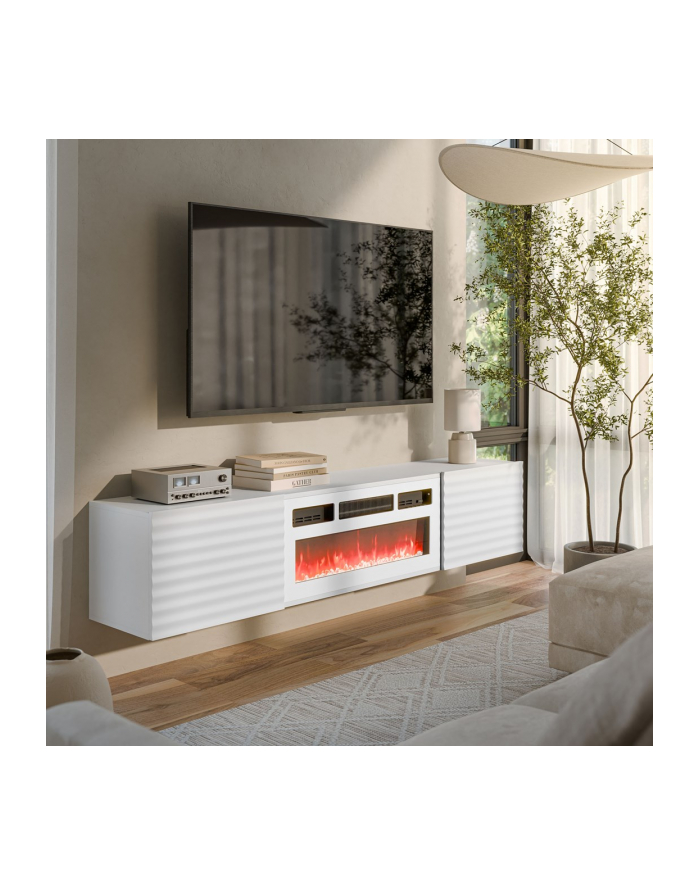 cama meble Szafka RTV TULA 183x35x37 biały mat + biały kominek główny