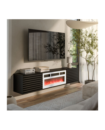 cama meble Szafka RTV TULA 183x35x37 czarny mat + biały kominek